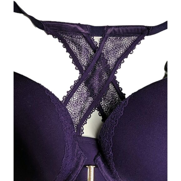 Cacique Bra 38DDD Boost Plunge Lace Back & Trims Cross Back Purple 38 DDD Front - Picture 2 of 9